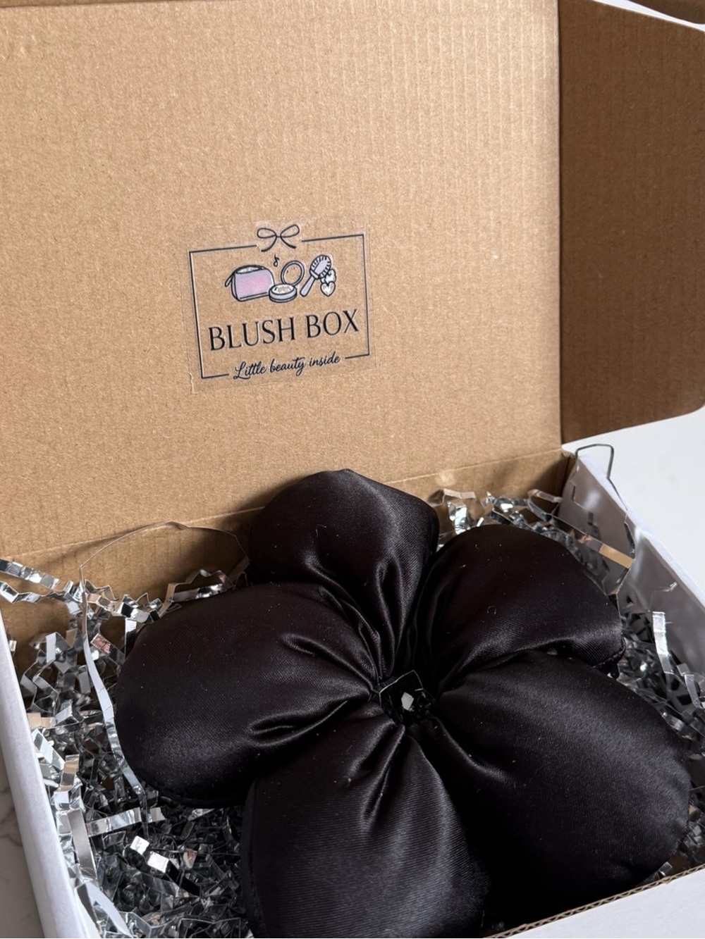 Black Satin Flower Hair Scrunchie